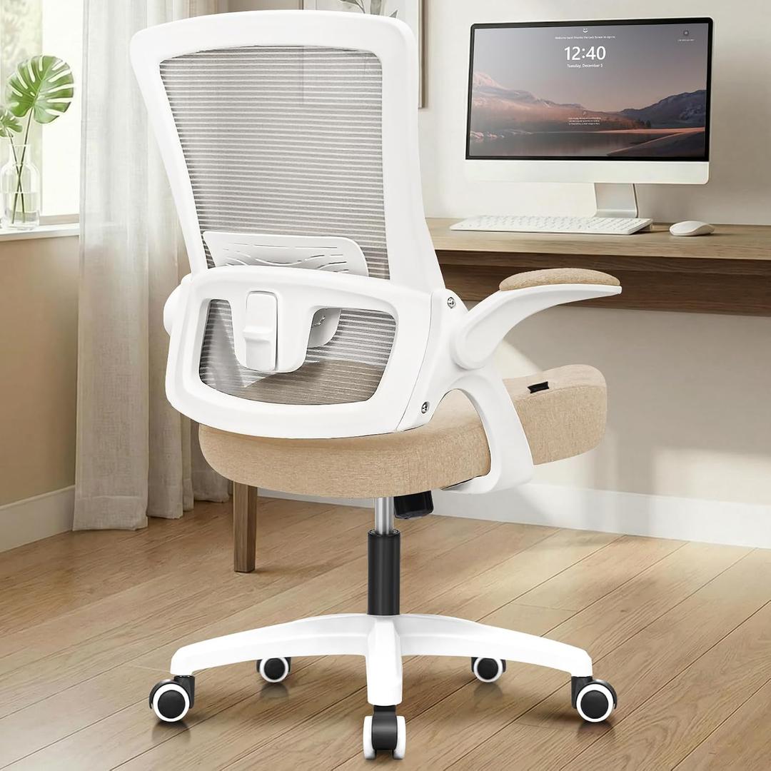 NEO CHAIR Office Desk Gaming Chair Computer High Back Mesh Seat with Rolling Wheels Ergonomic Adjustable Comfy Flip-up Armrests Lumbar Support Height for Home (Beige)