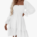 LYANER Women's Square Neck Lantern Long Sleeve Ruffle Shirred Flowy Party Mini Dress, Size L