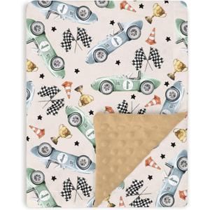 Baby Blankets for Boys 30" x 40", Soft Double Layer Minky Blanket with Dotted Fleece Back, Nursery Bed Receiving Quilt for Newborn Infant Toddler Shower Gift Brown Retro Race Car Theme (Racing)
