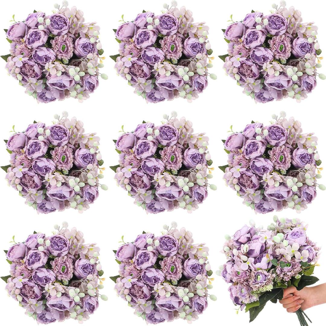 Crowye 16 Bundles Artificial Peony Silk Flower Hydrangea Fake Peony Bouquet Elegant Faux Flowers with Stems for Wedding Table Centerpiece Party Home DIY Decoration (Purple)