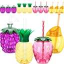 SiliFine 12 Set Pineapple Strawberry Cups with Straws Lids 17 oz Cute Plastic Fruit Shaped Cups Include Pineapple Strawberry Grape Mango Cup for Summer Hawaiian Birthday Luau Beach Party