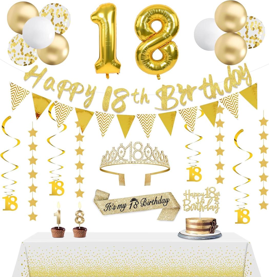 25Pcs 18th Birthday Decorations for Girls with 18th Birthday Banners,Tiara and Sash,Hanging Swirls,Star Garland, Table Cloth,Cake Toper and Candles,Balloons Gold White