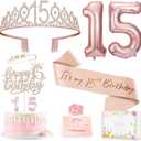 15th Birthday Decorations for Girls, 15th Birthday Sash and Crown, Cake Topper, Number Candles and Balloons, 15 Year Old Gifts for Girls