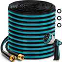100FT Garden Hose, Non-Expandable Kink-Free Flexible Hose with 10 Spray Function Nozzle, Leakproof Lightweight 3/4 Brass Connector High Pressure Flat Water Pipe for Outdoor Yard Lawn (Blue and Black)