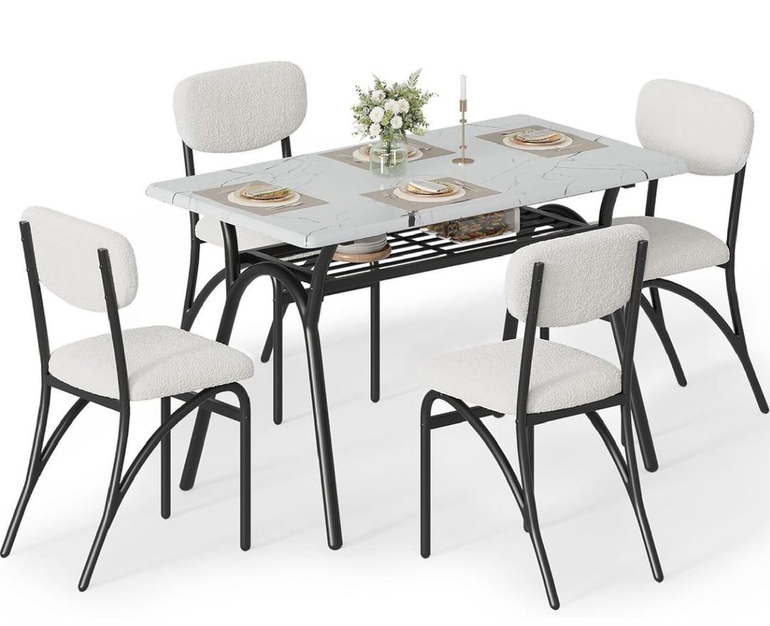 GarveeHome 5-Piece Dining Table Set for 4, Modern Kitchen Table with 4 Boucle Chairs, Rectangular Dining Table with Storage Shelf & Marble Tabletop, Home Dining Furniture for Small Space