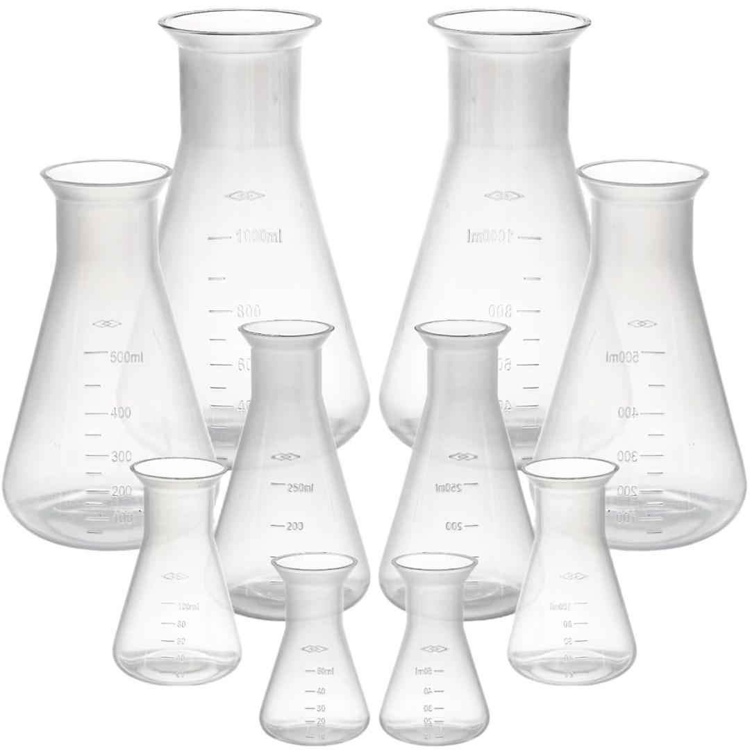 Covzoe 10 Pack Plastic Erlenmeyer Flask, Semi-Transparent Scientific Conical Flask for Teaching, Laboratory Chemical Erlenmey Education Learning Tool, 50ml, 100ml, 250ml, 500ml, 1000ml
