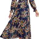 Women's 2025 Floral Summer Maxi Dress, Spring Long Sleeve V-Neck Empire Waist Dress, Flowy Wedding Guest Dresses Navy Blue (XL)