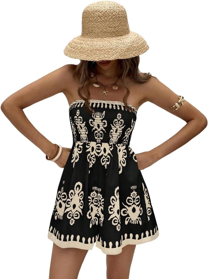 ZAFUL Strapless Boho Rompers for Women 2025 Summer Cute Smocked Loose Wide Leg Shorts Beach Sleeveless Jumpsuits(1-Boho Black, XL) 