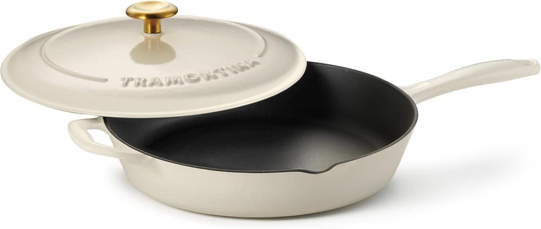 Tramontina Bestow Enameled Cast Iron Skillet with Lid, 12-inch Frying Pan, Latte with Gold Knob
