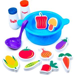 Tub Works Tub Soup Scoop, Strain & Play Toddler Bath Toy | Floating Foam Veggies, Ladle for Scooping & Soup Pot for Straining | Pretend Play Cooking Kids Bath Toys | Creative Bathtub Toys