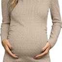 Womens Long Sleeve Knit Ribbed Maternity Dress, Ruched Midi Maternity Bodycon Dress Casual Work (Small, Khaki)