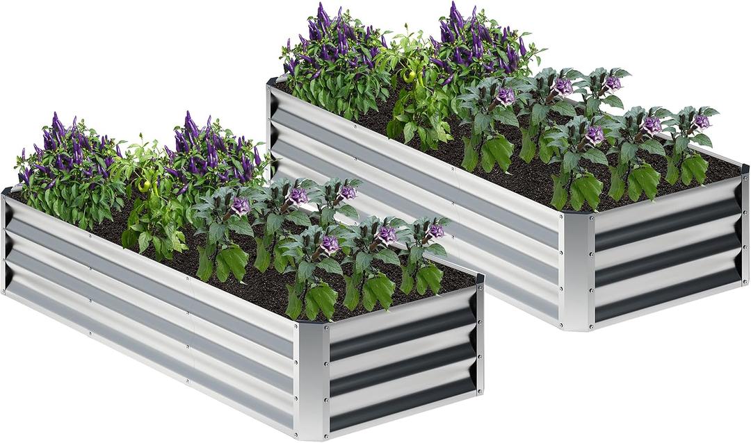 2PCS 6x2x1FT Galvanized Raised Garden Bed,Planter Raised Beds-Metal Garden Box,Large Plant for Outdoor Planting, Vegetables BedFlower,herb-Silver