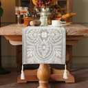 Embroidered Table Runner Boho Farmhouse Dresser Scarf Macrame Rustic Lace Doily with Tassel for Kitchen Indoor Outdoor Fireplace (Gray, 14 x 75 Inches)