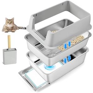 Bartuke Stainless Steel Litter Box, 23.6" L x 15.7" W Drawer Type Semi-Enclosed Cat Litter Box with Sifting Pan, Scoop for Big Cat Easy Cleaning