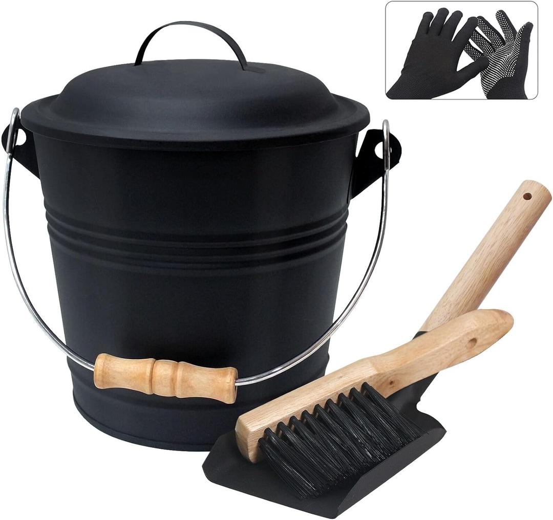 BRIAN & DANY Mini Ash with Lid and Shovel, 1.3 Gallon Fireplace with Broom, Ash Can for Fireplace, Ashes, Fire Pit, Wood Burning Stove
