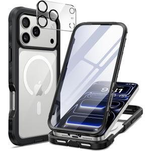 seacosmo for iPhone 17 Pro Max Case, Full Body Bumper with Built-in 9H Tempered Glass Screen and Camera Lens Protector, Compatible with MagSafe, Shockproof 17 Pro Max Phone Case, 6.9", Black