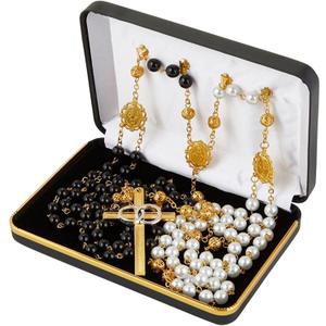 Rosary Lasso for Wedding Ceremony with Case, Gold Tone Crucifix and Medals with Black and Ivory Beads, Traditional Catholic Marriage Lazo Cord Unity Rope for Couples, 4.25 Inch Cross