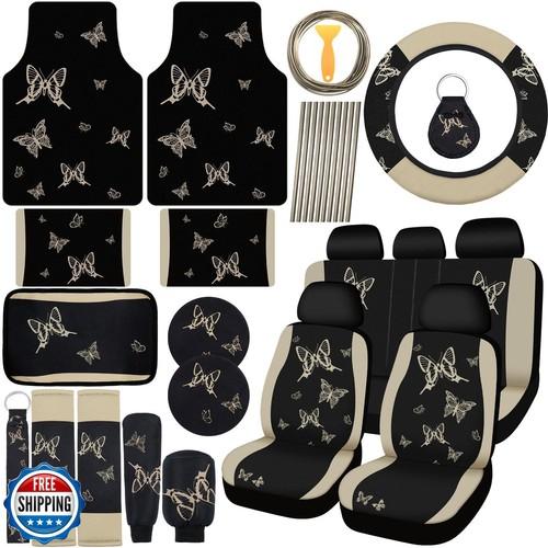 BBTO 47 Pcs Butterfly Car Seat Full Set Butterfly Car Accessories for Women 5 Front Rear Seat Covers Wrist Strap 2 Pieces Cup Mat Armrest Pad 2 Belt Cover Accessories for SUV(Cream-ColoredBlack)