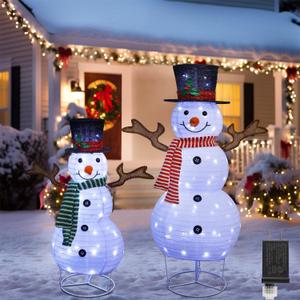 Juegoal Set of 2 Lighted Christmas Snowman Decorations, 3.5+2.3FT Outdoor Collapsible White Snowmen with LED Lights, Pre-Lit Pop Up Xmas Yard Display, Plug in for Holiday New Year Winter Lawn Garden