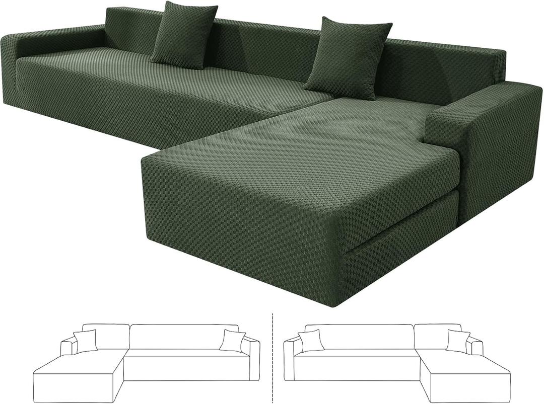 ZNSAYOTX Sectional Couch Covers, Stretch Jacquard Slipcovers with Elastic Bottom for L-Shape Sectional Sofa, 2 Pcs Pet Friendly Modular Sofa Protector (3 Seat Couch + 3 Seat Chaise, Army Green)