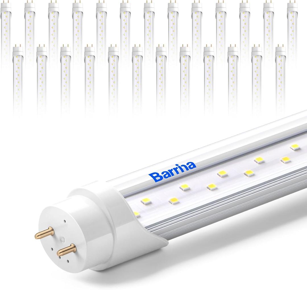 Barrina T8 LED Bulbs 4 Foot Type B, 24W, 3200LM, 6000K Bright Light, G13, Double End Powered, Ballast Bypass, 4FT LED Replacement, T8 T10 T12 LED Replacement, Clear Cover, 25 Packs