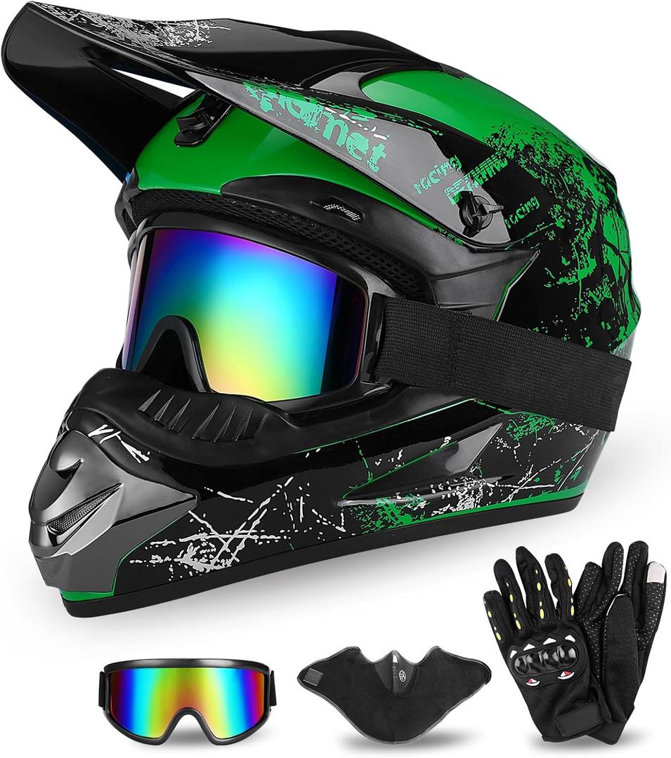 Full Face Dirt Bike Helmet DOT Certified - Complete Adult ATV Helmet Kit with Goggles, Gloves & Mask, Adjustable Visor, Quick Release, Small 