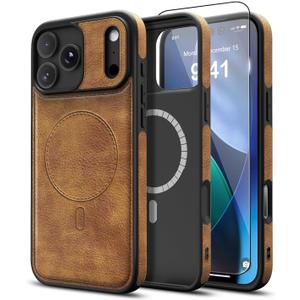 Magnetic for iPhone 17 Pro Leather Case, [Compatible with Magsafe] Business Classic Style Shockproof Men WomenProtective Slim fit Phone Cover for iPhone 17 ProBrown