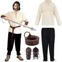 5 Pcs Halloween Men's Pirate Set Renaissance Costume Shirt Ankle Strap Pants Headscarf Belt Medieval Viking,XL
