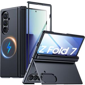 Vizvera for Samsung Galaxy Z Fold 7 Case with Magnetic Power [Hidden Kickstand][Screen Protector][Hinge Protection] Slim Shockproof Protective Phone Case for Galaxy Z Fold 7(Black)
