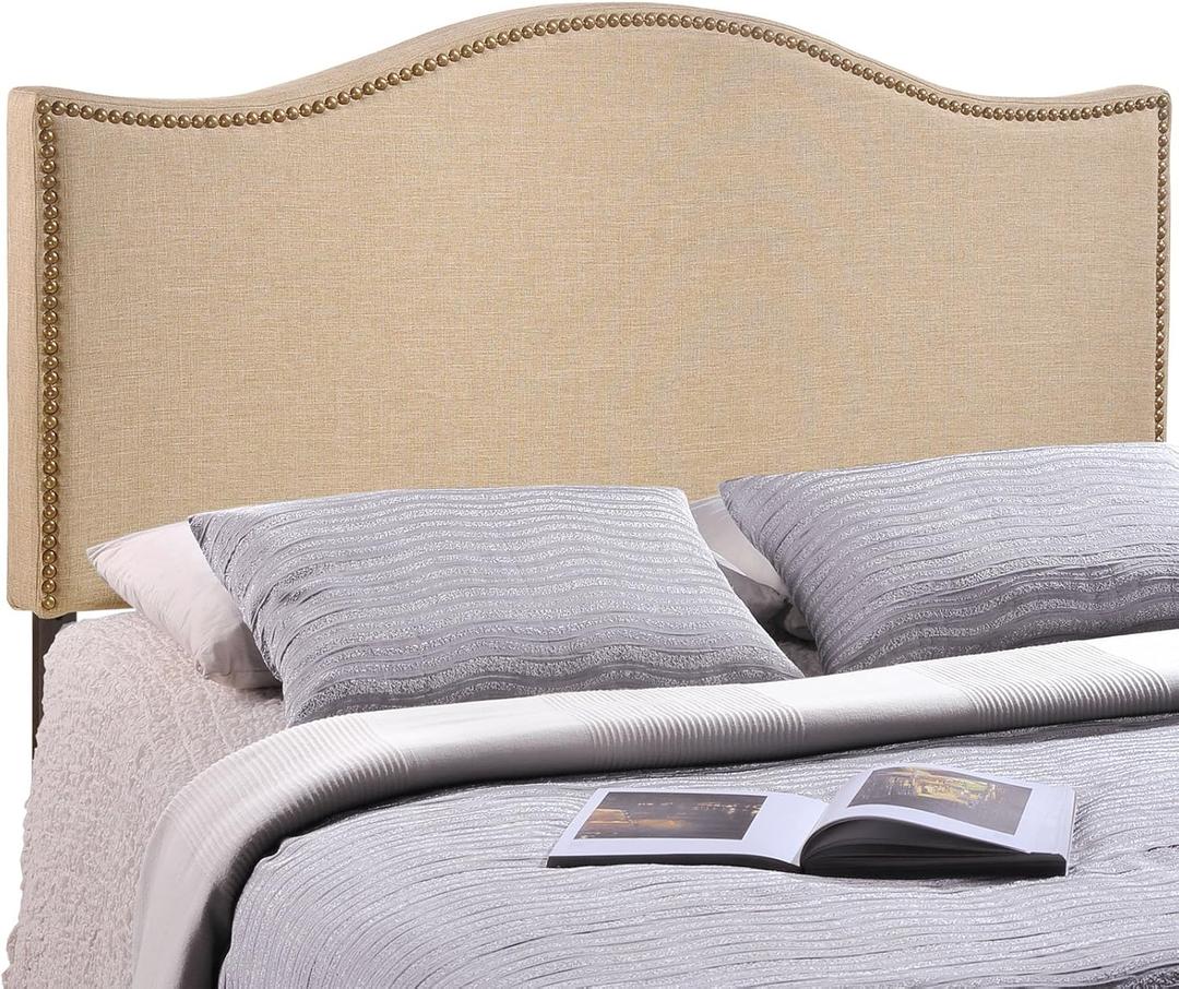 Modway Curl Linen Fabric Upholstered Queen Headboard with Nailhead Trim and Curved Shape in Caf