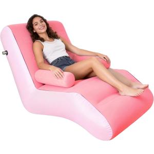 Inflatable Indoor Living Room Chair Lounge with Handrails, Inflatable Foldable Deck Chair with Air Pump, Outdoor Travel Camping Picnic Beach Chaise Lounges(Pink)