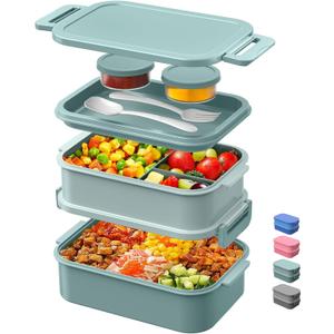 DaCool Lunch Box Adults Bento Box 74 OZ All-in-One Stackable Lunch Box Containers for Adult Large Bento Box with Fork Spoon Sauce Boxes, Leakproof Lunchbox for Work School Dining Out, Morandi-Green (1-Morandi-Green)