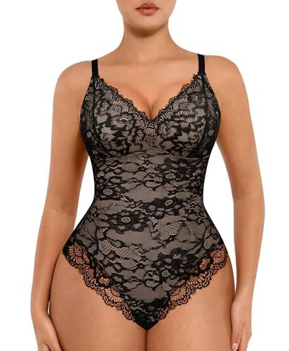 FeelinGirl Bodysuits for Women Shapewear Tummy Control Lace V-Neck Body Suits Tops Backless Body Shaper Black XL