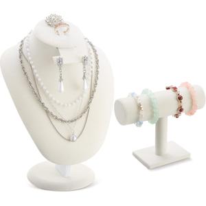 RattanView 2 Pcs Beige Velvet Jewelry Display Set Necklace Mannequin Bust Stand T Bar Bracelet Holder for Retail Home Decor