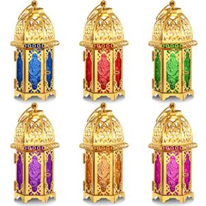 Mumufy 6 Pcs Ramadan Lantern Ramadan Decorations for Home Gold Moroccan Lamp Decor Vintage Lanterns Decorative Eid Mubarak Hanging Candle Lantern for Eid Party Decor (Gold)