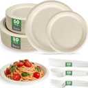 Compostable Plates 9&7 Inch with CutleryHeavy Duty Paper Plates 50 Pack, Disposable Dinnerware Sets Biodegradable Sugarcane Bagasse Dinner Plates for Everyday Use, Party, Family (Microwave Safe) (Brown)