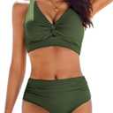 AI'MAGE Bikini Set for Women Ruched High Waisted Two Piece Swimsuit Twist Front Cut Out Adjustable Straps Bathing Suit (M, Army Green)