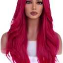 WTHCOS Hot Pink Wigs for Women Girls Middle Part Wig Long Pink Wig Heat Resistant Synthetic Curly Wavy Wigs for Cosplay Costume Party
