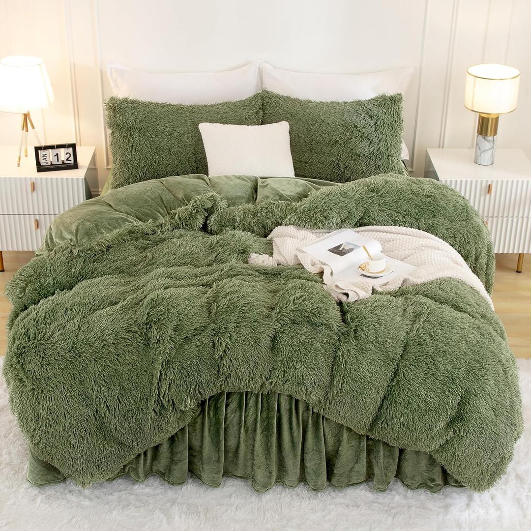 Andency Faux Fur Sage Green Comforter Set King Size, 3 Pieces Fluffy Fuzzy Plush Bedding Comforter Set (1 Shaggy Velvet Comforter & 2 Pillowcases), Soft Puffy Comfy Down Comforter Bedding Set