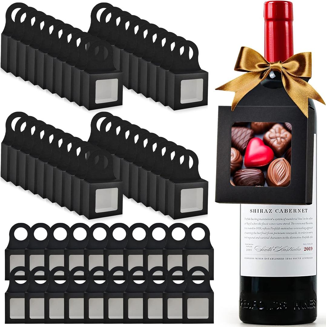 Mototo 30 PCS Kraft Paper Wine Bottle Boxes with Transparent Window Hanger Foldable Wine Bottle Empty Gift Boxes with Hanger for Valentines Christmas Candy Truffles Chocolate Cookies Packing, Black