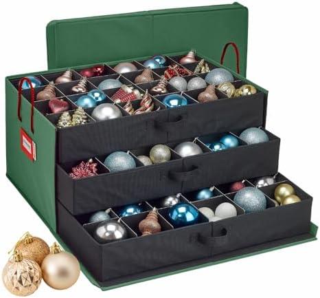 HOLDN’ STORAGE Christmas Ornament Storage Box with Dividers, Holds Up to 72 Ornaments (4 Inches), Large Organizer with 3 Stackable Trays - Green