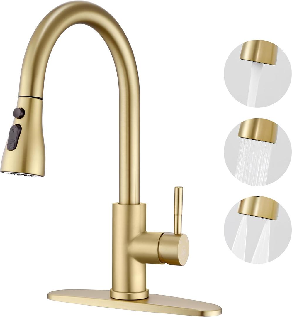 GAGALIFE Brushed Gold Kitchen Faucets with Pull Down Sprayer - High Pressure Blade Spray Kitchen Sink Faucet, High Arc Single Handle Stainless Steel Classic Pull Out Spray Kitchen Faucet 1 or 3 Hole