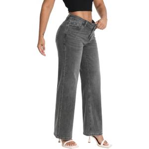 Women's Mid Rise Wide Leg Jeans Stretch Denim Pants with Relaxed Fit | BBL Jeans, Tummy Control, Soft Stretchy Denim, Classic Five Pocket Style, Versatile for Work or Play, All-day Wear (Black, L)