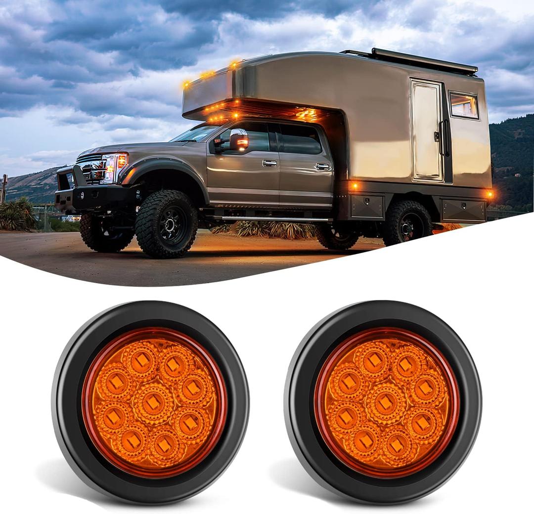 Nilight 2Inch Round Marker Light 2PCS Amber 9LED Clearance Lights Flush Mount with Plug Grommet Pigtail Hardwired for 12V Truck Trailer Tractor Buses Vans Boat