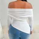 SweatyRocks Women's Long Sleeve Off The Shoulder Asymmetrical Ruched Slim Fit T Shirt Top (White, M)