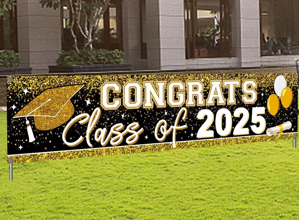 Large Congrats Grad Banner Gold Class of 2026 Banner Backdrop Graduation 2026 Yard Sign for Graduation Party Supplies Graduation Decorations 2026 (Gold)