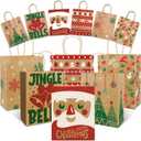 Sipthene 24 Pack Christmas Gift Bags with Handles, Kraft Paper Goody Treat Bags for Holiday Present Wrapping (6 Designs, 9" x 7" x 3.3") - for Xmas Party Favors, Classroom, Wedding Decor Supplies Bulk