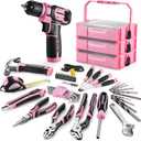 WORKPRO Pink Tool Set with Drill, 43PCS Power Drill Set with Toolbox, 8V Lithium-ion Cordless Drill and Bits, 2.0 Ah Portable Electric Screwdriver Home Tool Set with Stackable Box- Pink Ribbon