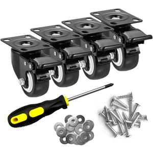 2" Caster Wheels Set of 4, Heavy Duty Casters with Brake, No Noise Locking Polyurethane (PU) Wheels, Swivel Plate Castors Pack 4