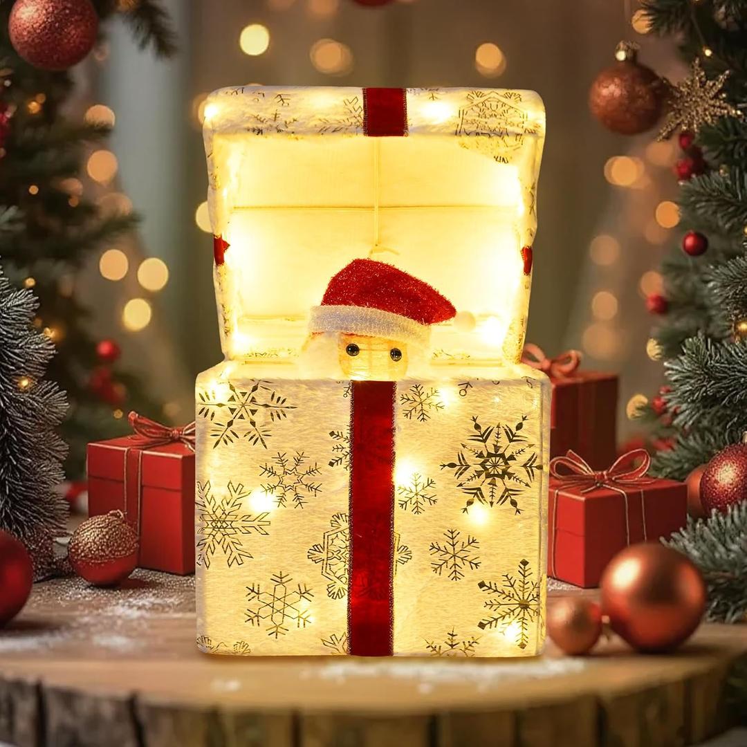 Christmas Lighted Best Gift Boxes Surprise,50 Warm White LED Lights.White Snowflake Velvet Gift Box & Red Bow,Turned On,Top of The Box Opens to Reveal Santa Claus.Indoor Christmas Home Yard Lawn Decor.